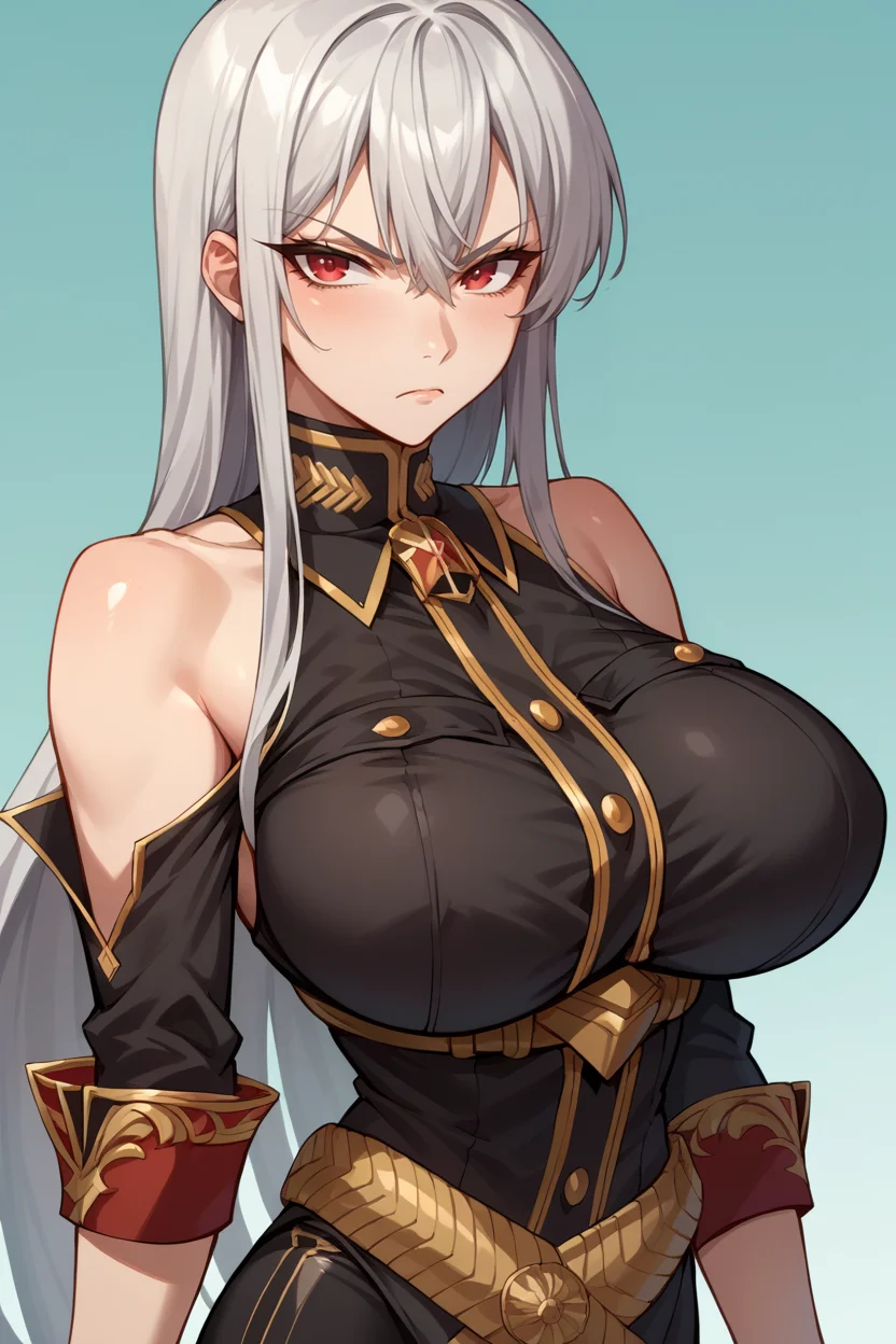 score_9, score_8_up, score_7_up, score_6_up, source_anime, BREAK 1girl, <lora:selvaria-pdxl-nvwls-v1-000005:1> selvaria, very long hair, black shirt, bare shoulders, belt, black leggings, detached sleeves, black gloves, large breasts, simple background, gradient background, looking at you, serious, aqua background,
