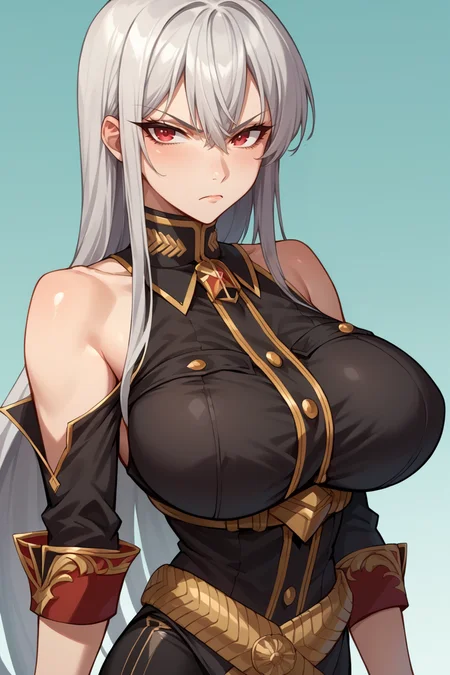 score_9, score_8_up, score_7_up, score_6_up, source_anime, BREAK 1girl, <lora:selvaria-pdxl-nvwls-v1-000005:1> selvaria, very long hair, black shirt, bare shoulders, belt, black leggings, detached sleeves, black gloves, large breasts, simple background, gradient background, looking at you, serious, aqua background,