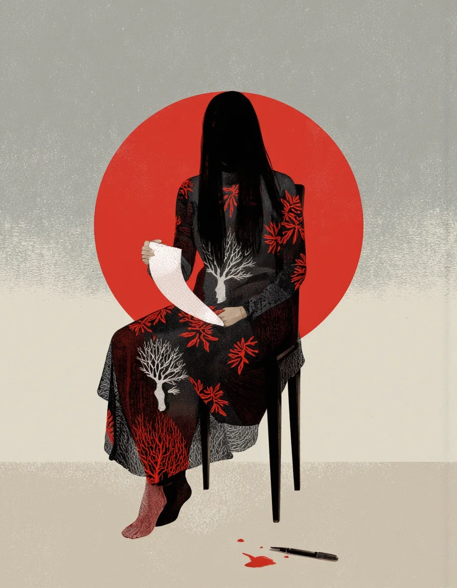 By Anna & Elena Balbusso. A digital illustration shoot from the front about a silhouette of a woman sitting in a chair, holding a piece of paper with a tree-like design, in an indoor setting with a minimalistic background featuring a gradient of light gray and red tones. the image also shows a red circle and a pen on the floor. on the middle of the image, a woman, who appears to be in her mid-twenties, with long black hair, is sitting on a chair. she is facing the viewer and her face is not visible. her body is slim and she is wearing a black and red dress with intricate patterns. the dress is draped over her shoulders, and she has bare feet. on her lap, she is holding a sheet of paper in her hand. the woman's hair is long and black, and her hair style is also black. her hair color is black hair. her facial features are not visible, but her expression is neutral. her clothing is black with red patterns, and the dress has long sleeves. the overall style is minimalist and abstract, with a focus on the woman and her writing.