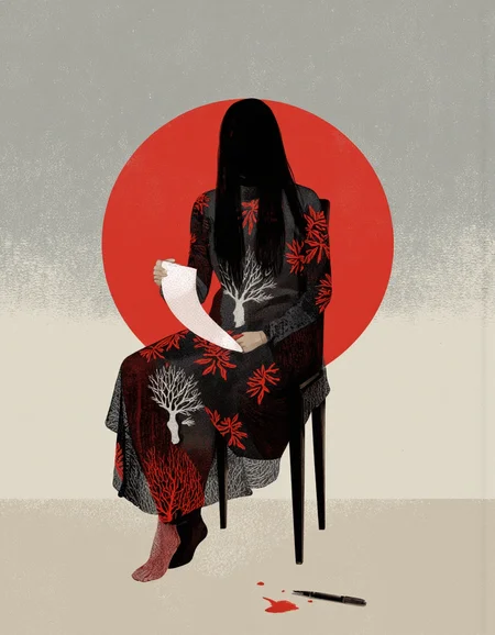 By Anna & Elena Balbusso. A digital illustration shoot from the front about a silhouette of a woman sitting in a chair, holding a piece of paper with a tree-like design, in an indoor setting with a minimalistic background featuring a gradient of light gray and red tones. the image also shows a red circle and a pen on the floor. on the middle of the image, a woman, who appears to be in her mid-twenties, with long black hair, is sitting on a chair. she is facing the viewer and her face is not visible. her body is slim and she is wearing a black and red dress with intricate patterns. the dress is draped over her shoulders, and she has bare feet. on her lap, she is holding a sheet of paper in her hand. the woman's hair is long and black, and her hair style is also black. her hair color is black hair. her facial features are not visible, but her expression is neutral. her clothing is black with red patterns, and the dress has long sleeves. the overall style is minimalist and abstract, with a focus on the woman and her writing.