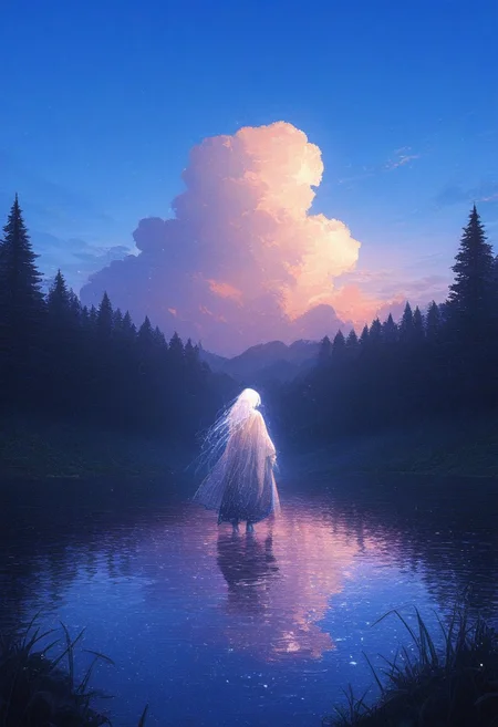 LL-Illu, 1boy arm_above_head blue_sky cloud dusk fantasy forest from_behind grass jellyfish lake landscape light_particles male_focus nature outstretched_arm painterly reaching reflection reflective_water scenery shore sky star_(sky) starry_sky tree water
absurdres, masterpiece, gradient, high_quality, newest, incredibly_absurdres, very_aesthetic, depth_of_field, grainy_texture, film_grain blender_\(artwork\), zbrush_\(artwork\), digital_painting_\(artwork\) light_particles, painterly, raytraced, blending, volumetric_lighting
