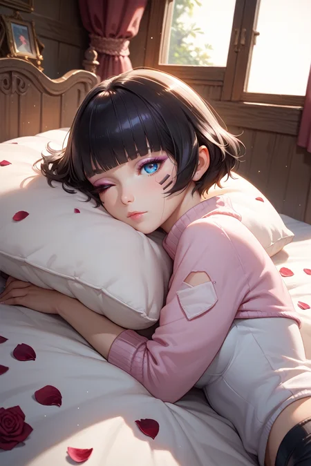 score_9, score_8_up, score_7_up, score_6_up
<lora:ERSasha:0.8>
ERSasha, 1girl, black hair, blunt bangs, blue eyes, looking at viewer, sleeping in a bed, rose petals, Romanian house