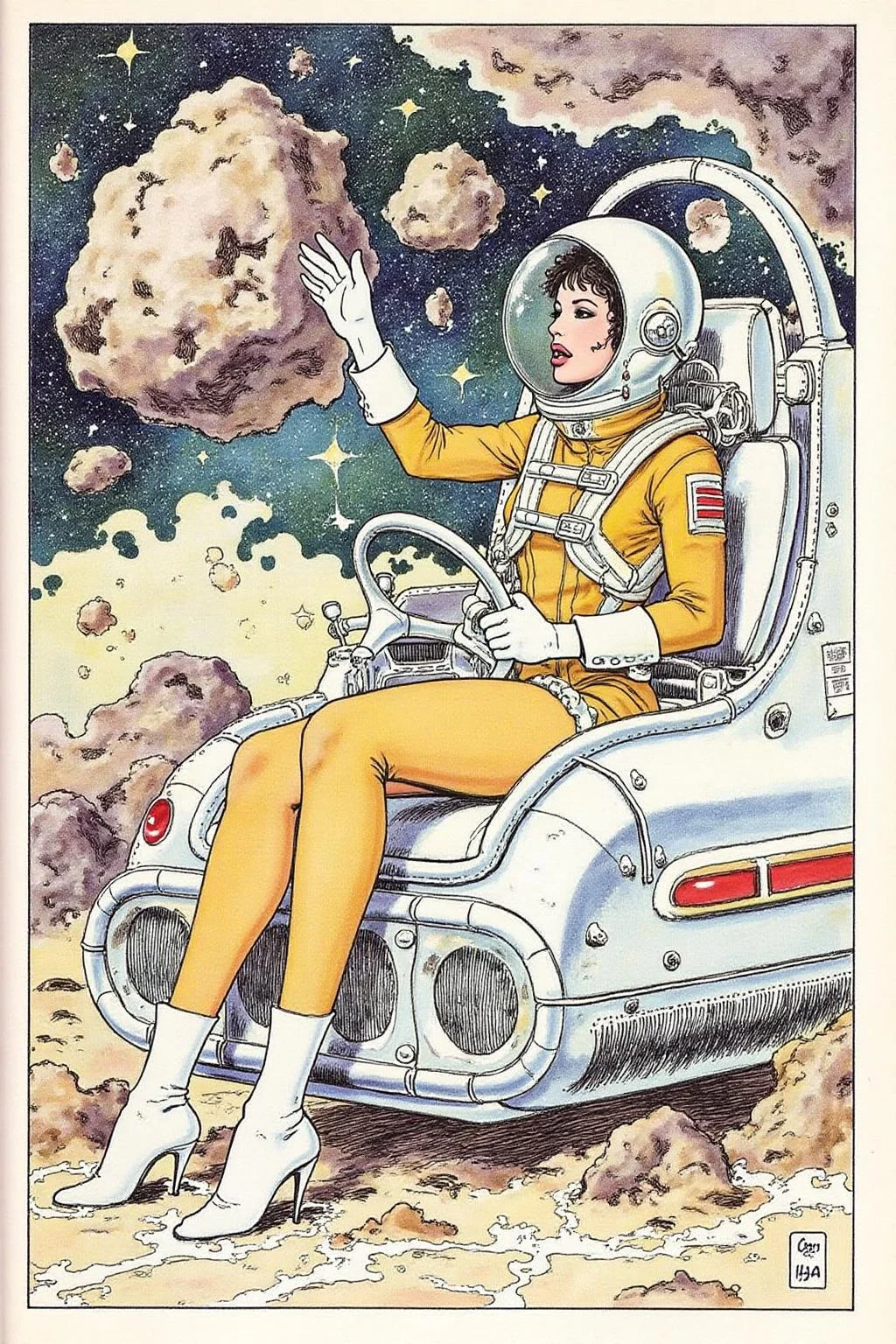 itacomic1 illustration of a woman wearing a futuristic yet retro spacesuit sitting inside a retro chrome spacecraft, confidently pilotingthrough asteroids <lora:itacomic_mima_fl_d4a2e8:1.0><lora:800613772914926045:0>