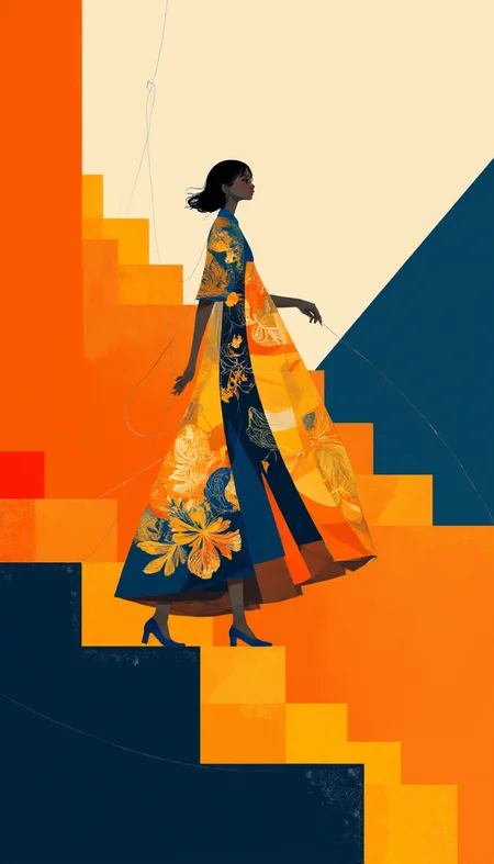 Caption:
A striking, abstract silhouette of a person ascends a geometric staircase that twists and turns with vivid, angular patterns. The figure, draped in a flowing, multi-colored robe adorned with intricate designs, seems to embody elegance and determination. The staircase, composed of bold blocks of orange, blue, and gold, leads upward into an undefined space, symbolizing a journey of growth or discovery. Thin, delicate lines trail behind the figure, adding a sense of motion and grace to the scene.
Art Style:
This artwork is rendered in a modern, geometric abstraction style, with influences from Art Deco. The composition features sharp, angular shapes and a vibrant color palette dominated by rich oranges, blues, and golds, creating a sense of dynamism and elegance. The figure is stylized, with minimal details that emphasize form and movement rather than realism. The overall effect is a sophisticated, visually compelling piece that evokes themes of progress, ambition, and the beauty of the journey. The "Zero Kelvin" watermark is subtly integrated into the lower portion of the staircase design, blending seamlessly with the angular patterns, ensuring it complements the overall aesthetic.