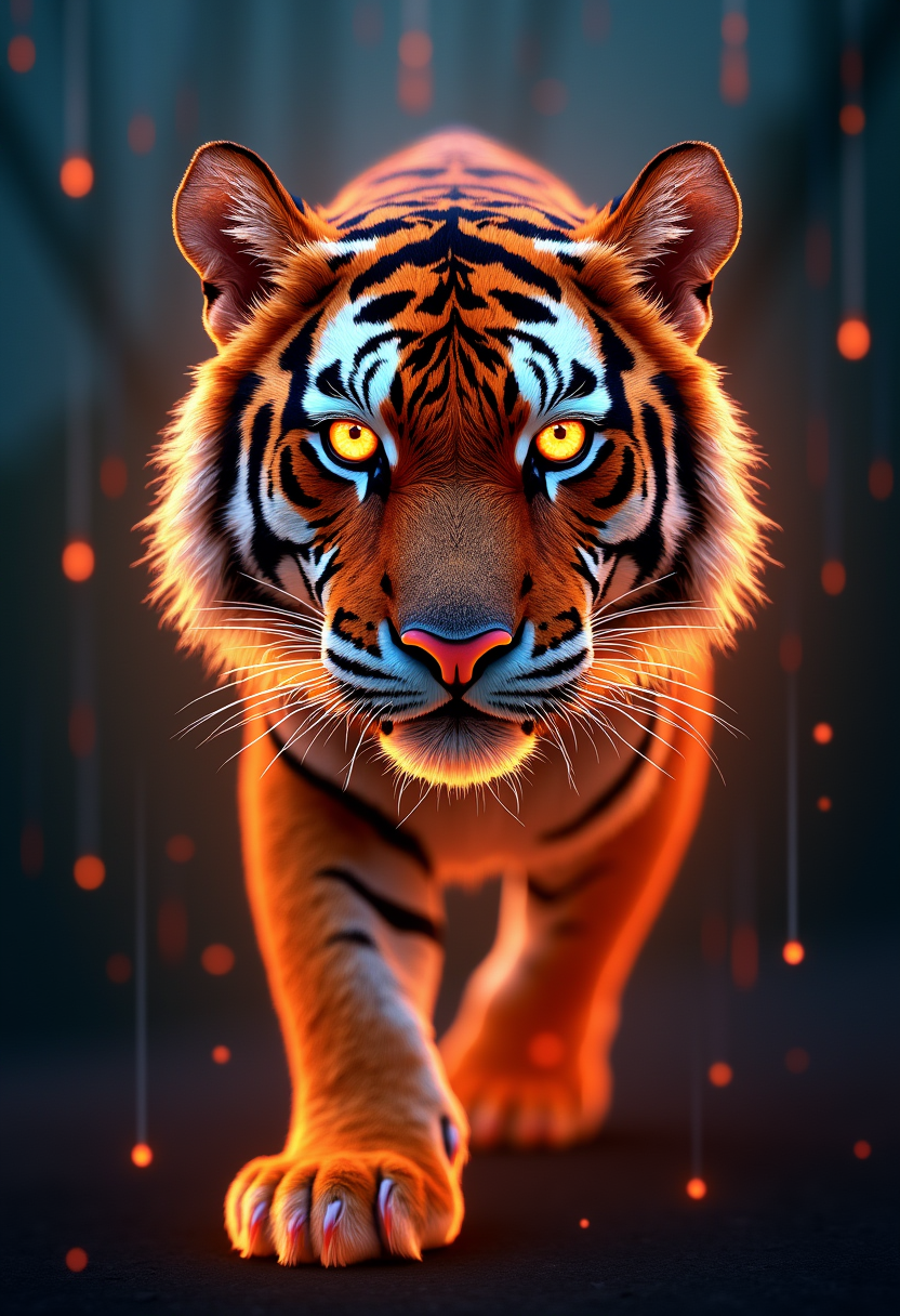 An image of a tiger created by using glowing words "Tiger" "Ferocious" "Predator" "Cat" "Jungle", vertical flowing, a glowing gradient matrix background