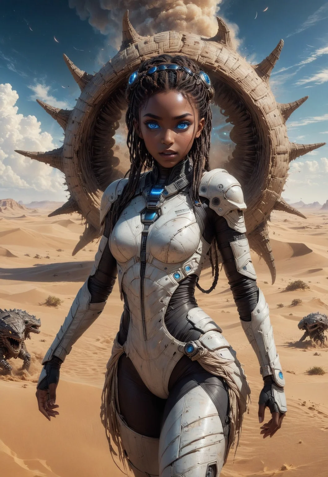 embedding:urn:air:sd1:embedding:civitai:222256@250708, (absurdres, highest quality, very aesthetic, intricate details, masterpiece, award-winning, official artwork, 8k, UHD, HDR:1.3),
(breathtaking November Annabella Nova Terra standing in front of a sandworm during a sandstorm, Nova (StarCraft), gorgeous, (dark skin:1.3), cute face, exotic eyes, (blue eyes, glowing eyes:1.6), full lips, braided crown hairstyle, skindentation, detailed skin shading, looking at viewer, (hero view, dynamic pose, full-body view:1.2)),
futuristic background, sci-fi background, outside backgroudn, orbital view, planetary view,
cinematic scene, sexy pose, hyperrealism, RAW photo, sharp focus,
optical effects, lighting effects, light leaks,
digital painting,
nostromostyleai,
sexyai,
7-dune, sand worm,
