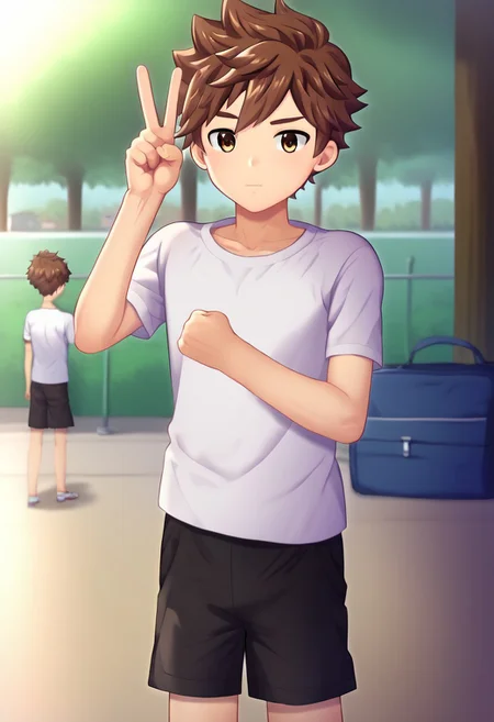sato_daiki, brown hair, short hair, brown eyes, 1boy, solo, solo focus, medium build body, V-shaped shoulders, standing, strong leg, young man, youthful, (short torso:1.40), (proportional body:1.20), handfixer, detailed eyes, detailed hands, clenched hands, white t-shirt, black shorts, public park setting