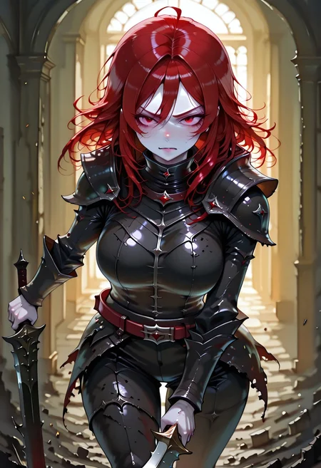 masterpiece, best quality, highres, absurdres, amazing quality, high resolution,
Red Eyes, Red Hair, pale skin, Black Medieval Armor, leather straps
holding sword
curved blade, swinging sword, angry, brave perspective, hand raised up
