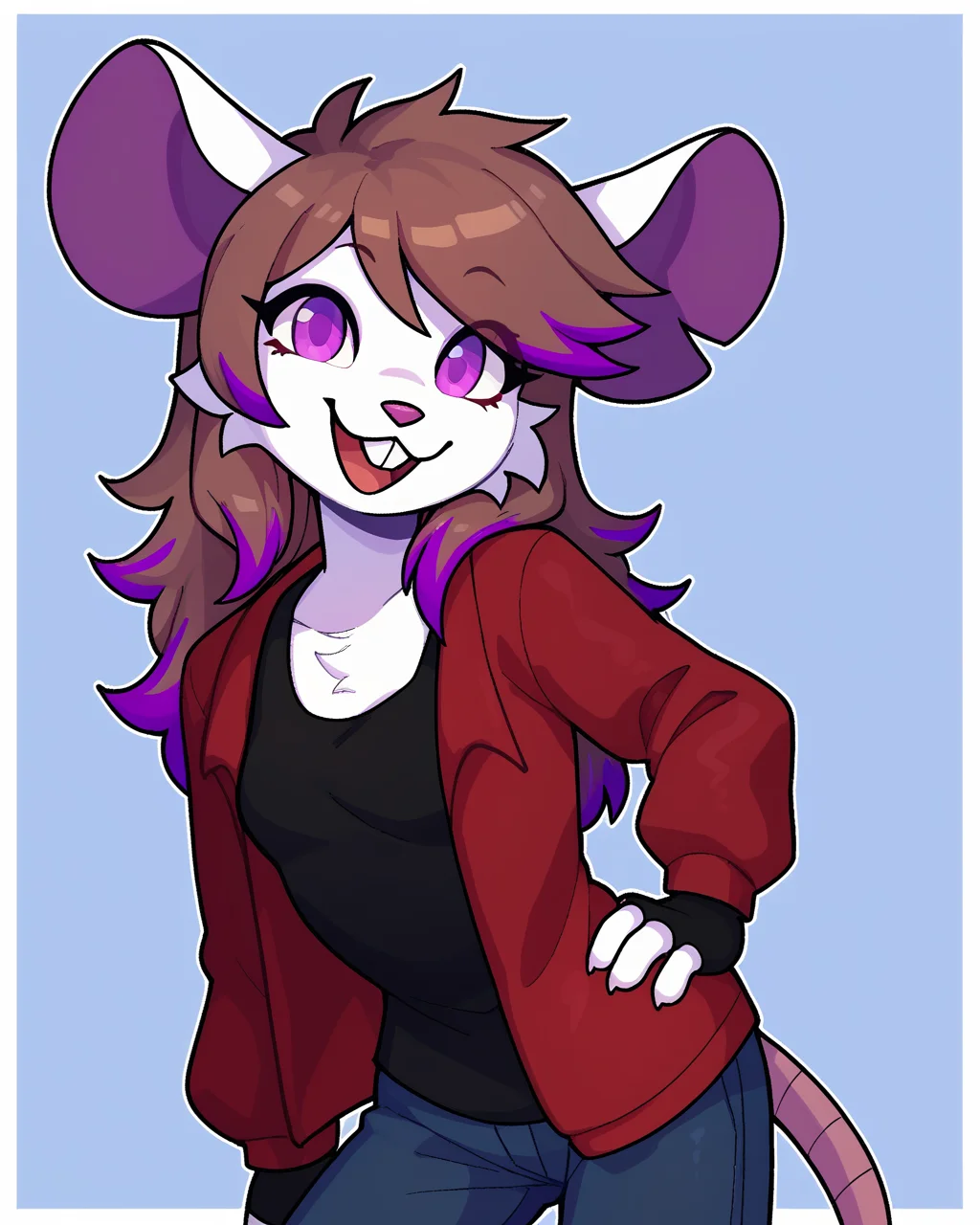 score_9_up, score_8_up, score_7_up, score_6_up, half-length portrait, female, brown hair, multicolored hair, purple highlights, purple eyes, buckteeth, mouse, white fur, small breasts, furry, red jacket, black tank top, black jeans, fingerless gloves, looking at viewer, hand on hip, happy, smile, head tilt, solo, three-quarter view, simple background, white outline, <lora:Leah_Pines(AIM)_XL_v1:0.15> <lora:PDXL_artist_tags_v2_big:0.5> <lora:The-Minuscule-Task_PDXL_v1.0:0.6> <lora:Millie_justm1llie:0.65>