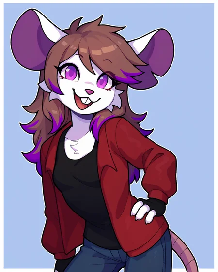 score_9_up, score_8_up, score_7_up, score_6_up, half-length portrait, female, brown hair, multicolored hair, purple highlights, purple eyes, buckteeth, mouse, white fur, small breasts, furry, red jacket, black tank top, black jeans, fingerless gloves, looking at viewer, hand on hip, happy, smile, head tilt, solo, three-quarter view, simple background, white outline, <lora:Leah_Pines(AIM)_XL_v1:0.15> <lora:PDXL_artist_tags_v2_big:0.5> <lora:The-Minuscule-Task_PDXL_v1.0:0.6> <lora:Millie_justm1llie:0.65>