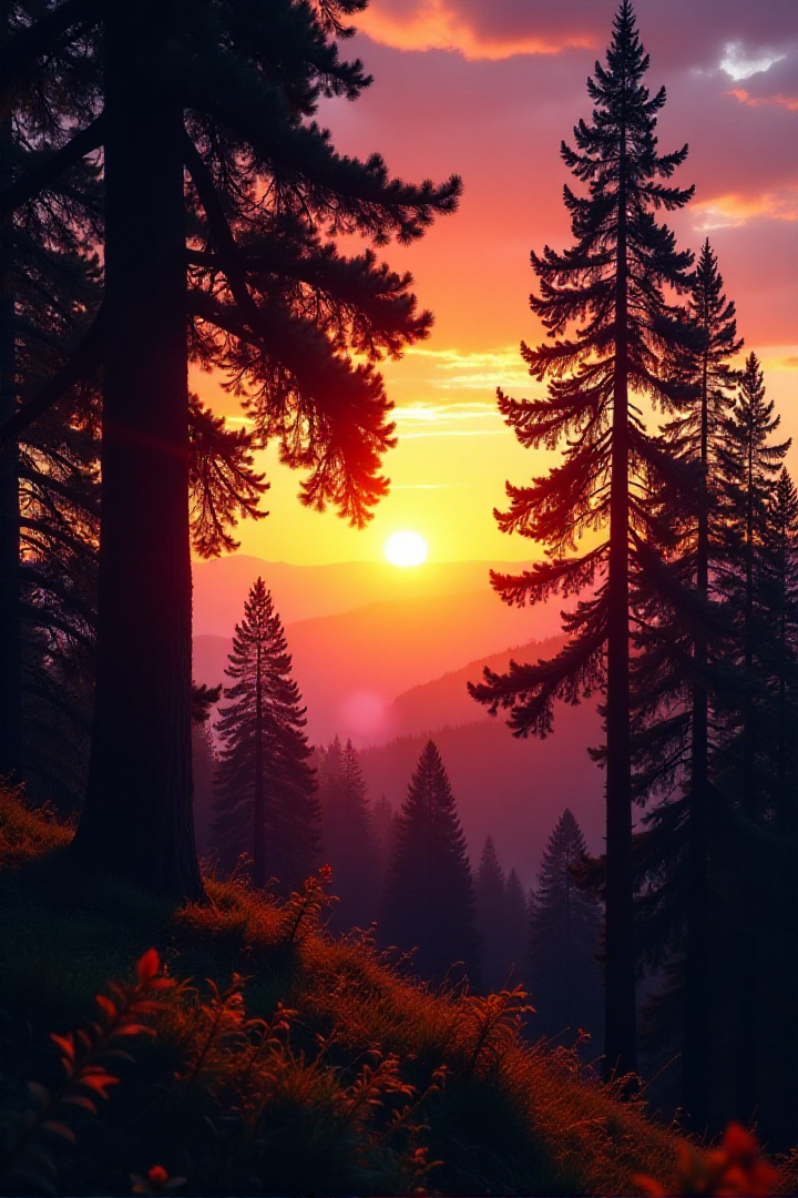 Sunset screaming pine trees in Western Washingtonâââ