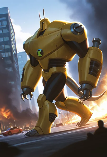 masterpiece, best quality, amazing quality, very aesthetic, absurdres, newest,, detailed background, 
armadrillo, robot, claws, yellow armor, grey tail, antennae, green eyes,  massive arms, yellow helmet, mecha, short legs, 
giant, walking across city, side view, foreground blur, blurry foreground smoke, action scene, movie scene, cinematic, depth of blur, cars
