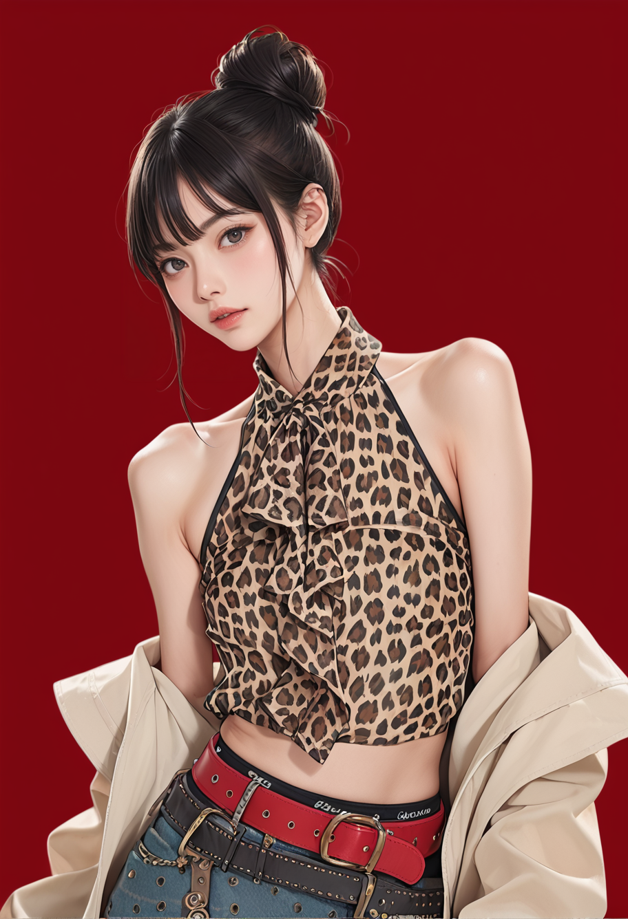 1girl,red background,,ruanyi00001,leopard print,belt,denim skirt,open clothes,bare shoulders,looking at viewer,hair bun,<lora:00001 Home wear 31_v1_pony:1>, score_9,score_8_up,score_7_up,,8k,1girl,solo,,