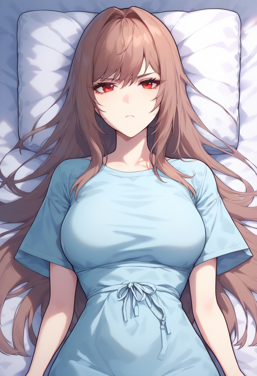 core_9, score_8_up, score_7_up, front view, gorgeous woman, rapirnd, red eyes, brown hair, long hair, bangs, b3tt3rh0spit4lg0wn, hospital_gown, short_sleeves, breasts_covered,, frown, tired eyes, looking at viewer, laying in bed, IV tubes, from above, lying on back