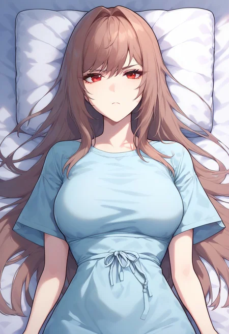 core_9, score_8_up, score_7_up, front view, gorgeous woman, rapirnd, red eyes, brown hair, long hair, bangs, b3tt3rh0spit4lg0wn, hospital_gown, short_sleeves, breasts_covered,, frown, tired eyes, looking at viewer, laying in bed, IV tubes, from above, lying on back
