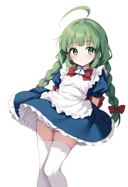score_9, score_8_up, score_7_up, score_6_up, 1girl, solo, me-tan, green hair, ahoge, twin braids, blue dress, red bow, white apron, puffy short sleeves, white thighhighs, white background, flat chest, dress lift, bloomers, long bloomers
