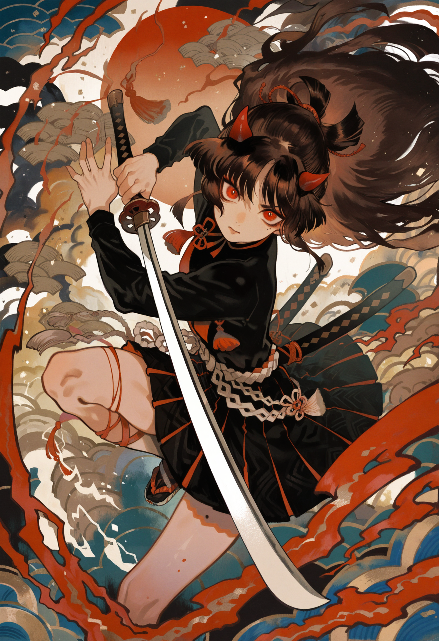 1girl, black shirt, black skirt, brown hair, closed mouth, cloud, demon horns, flower knot, frown, holding, holding sword, holding weapon, horns, katana, long hair, looking at viewer, mole, mole under eye, onmyoji, red eyes, red ribbon, ribbon, seigaiha, shide, sword, tassel, dynamic pose, 
masterpiece, best quality, amazing quality, absurdres, newest, 
<lora:tsubonari:1>