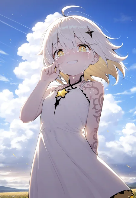 masterpiece,best quality,amazing quality,
1girl, solo, smile, looking at viewer, sky, cloud, ahoge, tears, dress, outdoors, wind, crying, hand up, star (symbol), medium hair, yellow eyes, crying with eyes open, bangs, cloudy sky, sleeveless, tattoo, short hair, white dress,
<lora:Healthyman_epoch_10:1>