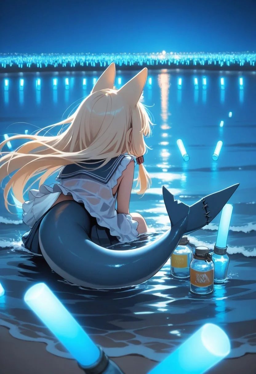 Sameko Saba, blonde, vtuber, animal humanoid, fox ears, shark tail, clothed, from behind, [[from side]], masterpiece, 1girl, solo, [object_focus], (blue glowstick), (((penlight \(glowstick\))), on water,  ocean, bottle, (glass bottle), (looking at viewer:0.6), bokeh, depth of field, night, [stage lights], [audience], mountainous_horizon, 