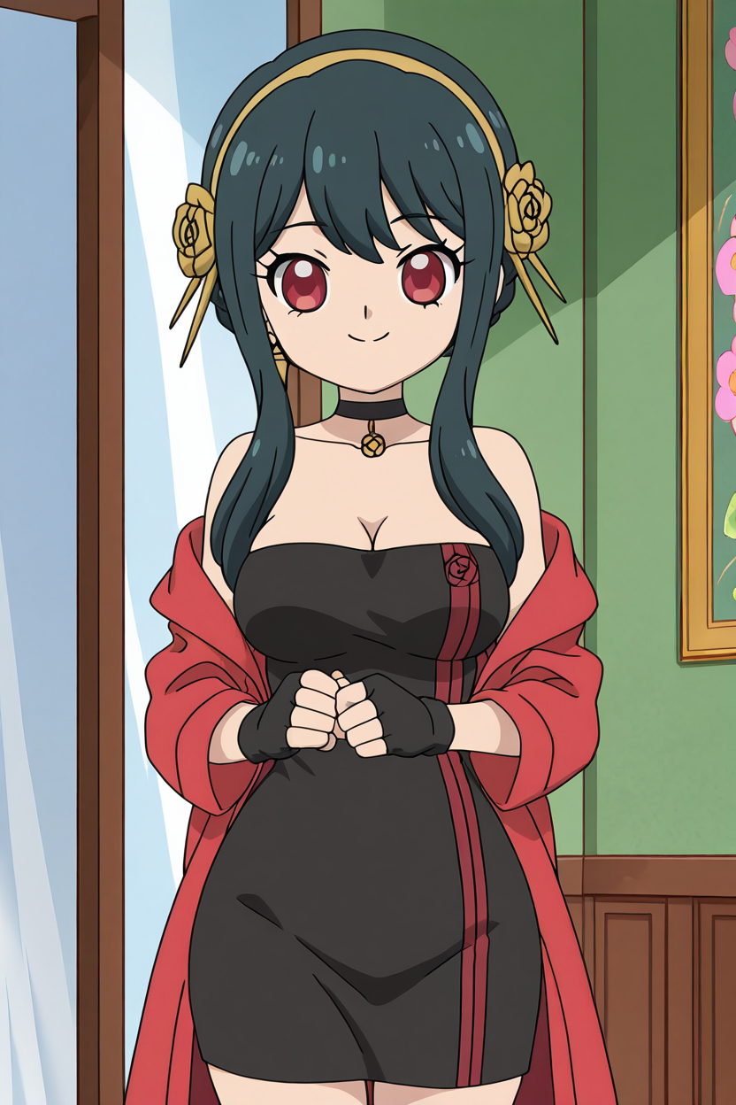 masterpiece, best quality, medium breasts, (curvy),  ,,, BREAK, Yor Briar, Yor Forger, 1girl, black hair, red eyes, short hair with long locks, gold hairband, hair flower, black choker, black dress, sleeveless, off shoulder, floral print, fingerless gloves,BREAK,  smile, looking at viewer, cowboy shot,    ,<lora:Himitsu_no_Cocotama_IXL:1.0>,