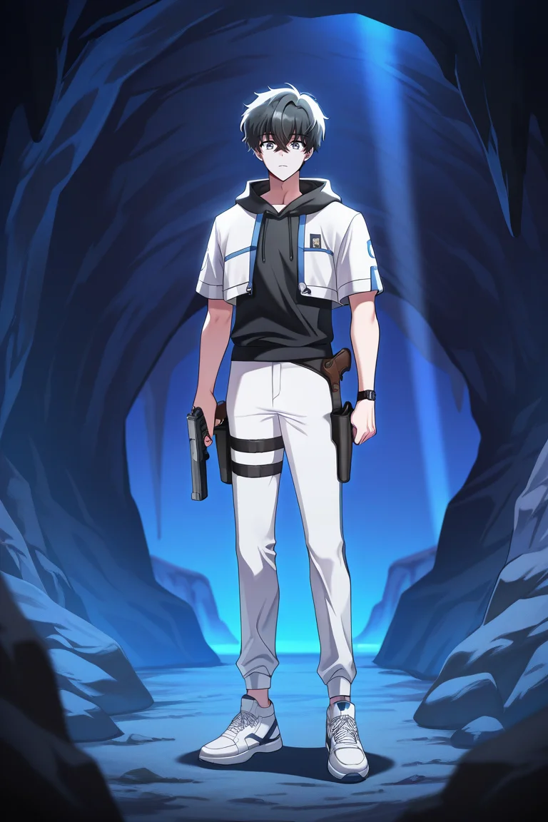 masterpiece, best quality, amazing quality, very aesthetic, high resolution, ultra-detailed, absurdres, newest, scenery, volumetric lighting, depth of field,anime screencap, , , 1boy, solo, male focus, <lora:kim_hajin:0.74>,kim hajin, black hair,grey eyes,short hair,holding, hair between eyes, closed mouth, standing, jacket, full body, weapon, short sleeves, shoes, pants, hood, holding weapon, gun, hoodie, white jacket,cropped jacket, white footwear, hood down,black hoodie,sneakers, holding pistol, handgun, white pants, holster,outdoors,night,cave,looking at viewer