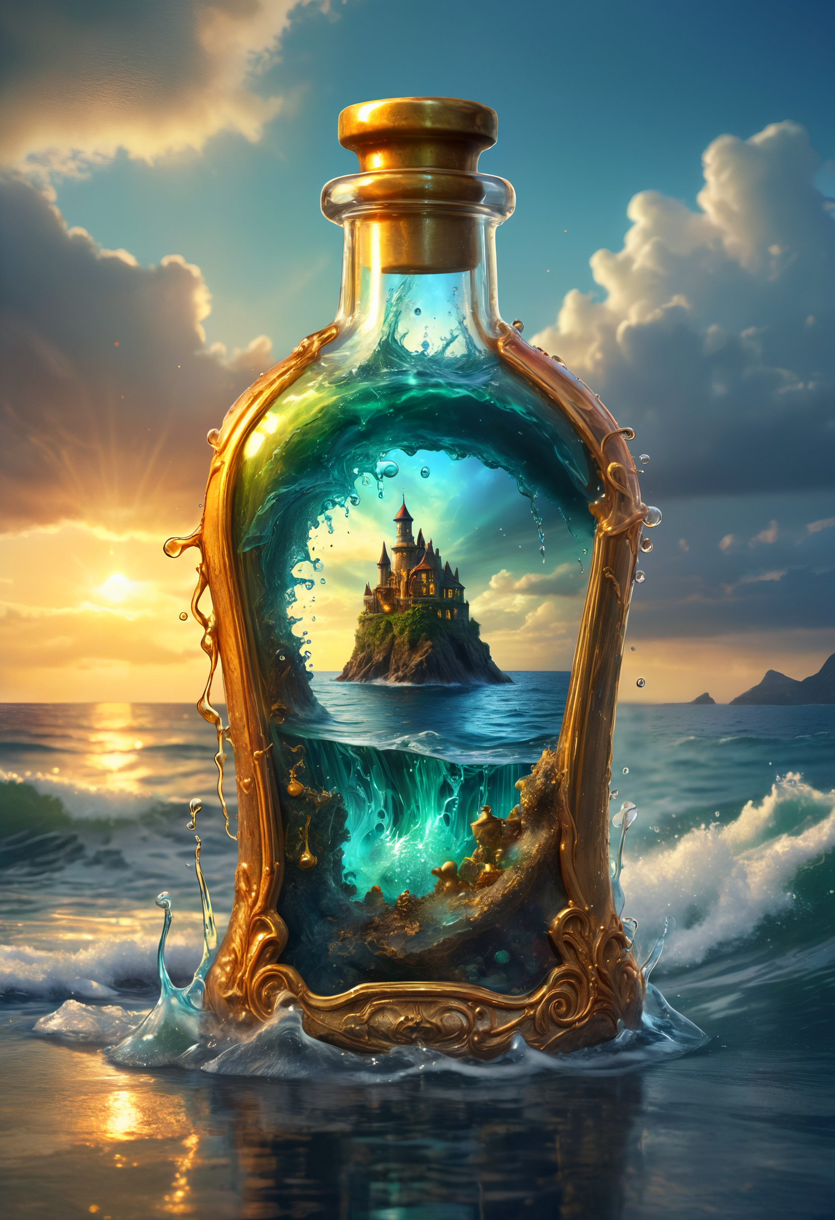 highly detailed image of a magical potion bottle leaking out into the ocean, delicate, beautiful, extremely high quality image, HDR, fantasy, photo  Centered in Perfect Composition, Complex Details Showing Unique and Enchanting Elements, Very Detailed Digital Painting, Golden Ratio, Dramatic Lighting, Very Realistic,