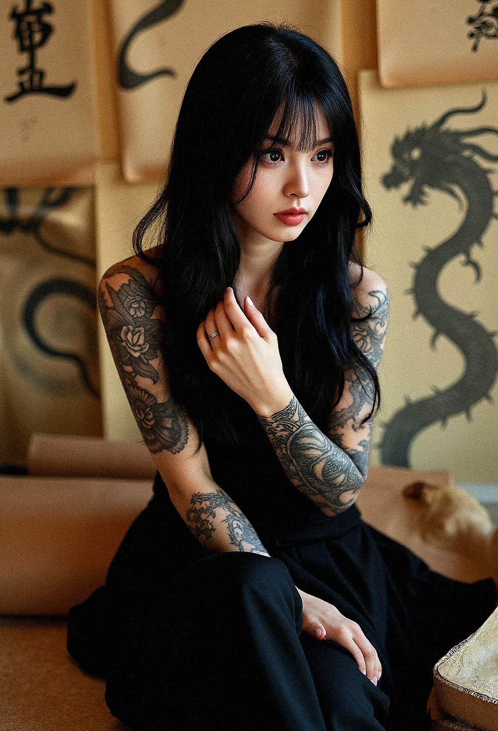  a photorealistic photography of a tattooed female warrior in an intense, contemplative pose. Her long, jet-black hair falls around her face, partially obscuring her eyes, which have a piercing gaze that suggests both strength and mystery. She wears a strapless black dress, with her shoulders and arms exposed, showcasing a beautifully detailed dragon tattoo that wraps around her arm and hints at East Asian themes.  The background is filled with aged parchment papers adorned with Japanese calligraphy and ink paintings of mythical creatures, creating a cultural depth and adding to her mystique. The lighting should be soft, with shadows that emphasize the intricate details of her tattoo and the glossy texture of her hair, achieving a hyper-realistic quality that captures the mood and intensity of the scene. 
One hand resting on her chest, seated as she gazes off thoughtfully.













