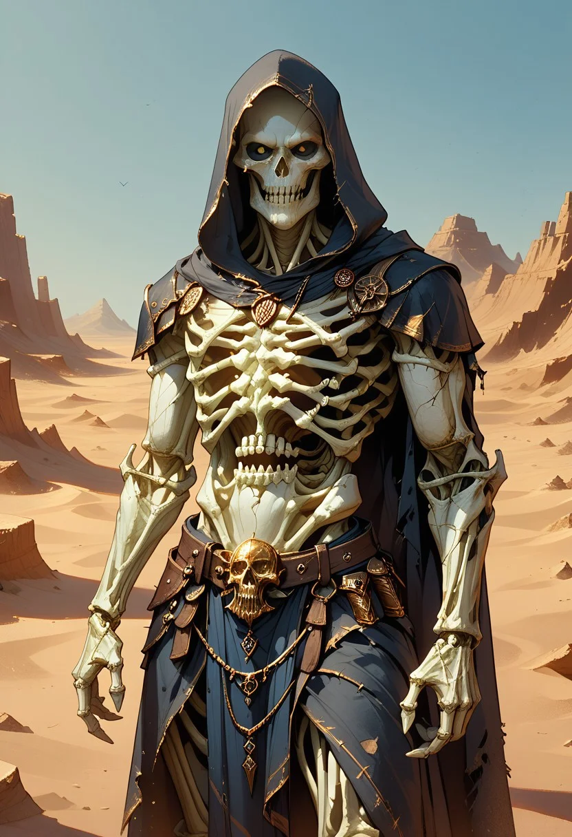 score_9, score_8_up, score_7_up, solo, male, God of The Desert, God of Death, The Eroded Prince, Skeletal undead, heavy spiked armour, hooded cloak, Desert background, chaotic evil alignment, dungeons and dragons character, highly detailed, dnd, cowboy shot, semi-realistic