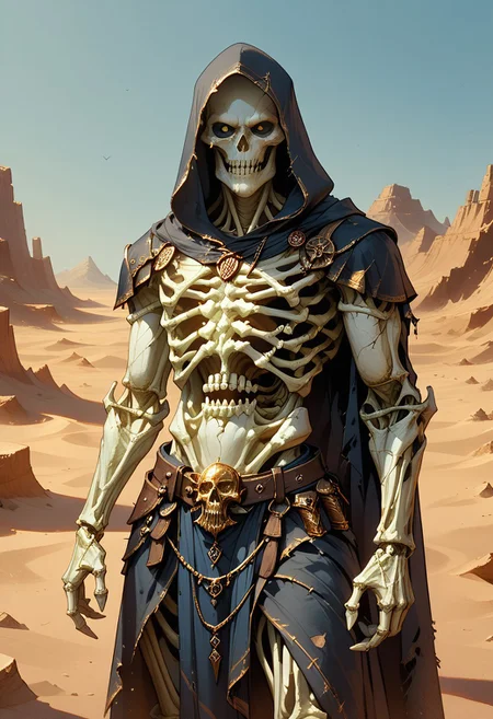 score_9, score_8_up, score_7_up, solo, male, God of The Desert, God of Death, The Eroded Prince, Skeletal undead, heavy spiked armour, hooded cloak, Desert background, chaotic evil alignment, dungeons and dragons character, highly detailed, dnd, cowboy shot, semi-realistic