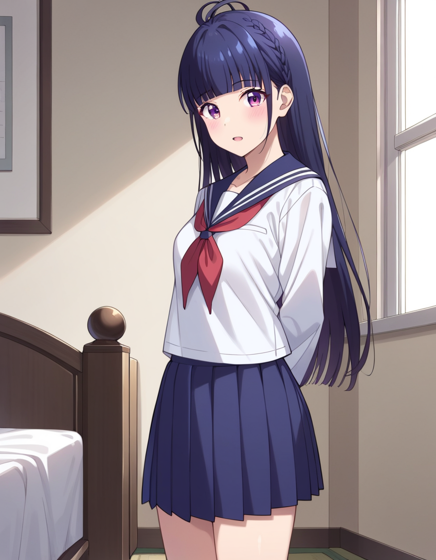score_9, score_8_up, score_7_up, source_anime, uncensored, <lora:StS_detail_slider_v1:3>, zPDXLxxx, <lora:Ai_Izawa_PONYXL_VexVexX:1>, AiIzawa, purple eyes, blue hair, long hair, bangs, blunt bangs, braid, antenna hair, medium-small breasts, school uniform, skirt, pleated skirt, blue skirt, shirt, long sleeves, white shirt, sailor collar, blue sailor collar, white socks, neckerchief, red neckerchief, cowboy shot, bedroom, from front, standing, hands behind back, looking at view, thighs,