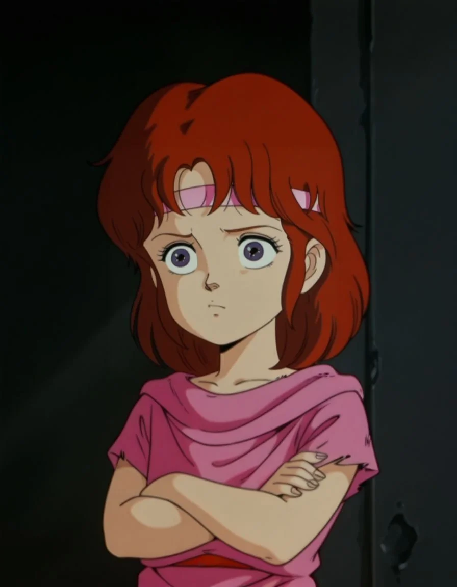 masterpiece, best quality, upper body, jealous, crossed arms, standing, face close-up, solo, portrait, 
<lora:Lin:1>, L1n, red hair, headband, purple eyes, female child, retro artstyle, torn clothes, shirt, retro artstyle, anime coloring,