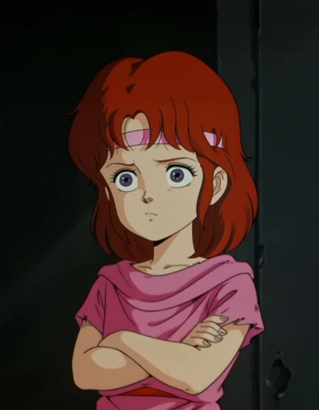 masterpiece, best quality, upper body, jealous, crossed arms, standing, face close-up, solo, portrait,
<lora:Lin:1>, L1n, red hair, headband, purple eyes, female child, retro artstyle, torn clothes, shirt, retro artstyle, anime coloring,