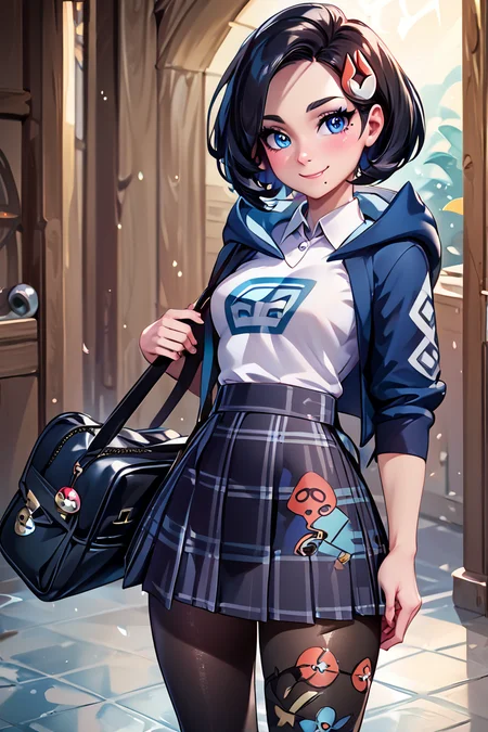 score_9, score_8_up, score_8, medium breasts, (curvy), cute, eyelashes, BREAK, , zzMai, black hair, blue eyes, mole, mole under mouth, short hair, eyelashes, black footwear, black skirt, boots, brown bag, character print, diamond clan outfit, hood, hood down, jacket, pantyhose, pouch, print pantyhose, skirt, long sleeves, <lora:MaiPokemon_PDXL:0.8>, , BREAK, closed mouth, alternate costume, smile, looking at viewer, collared shirt, blush, sweater, black skirt, eyelashes, long sleeves, sleeves past wrists, plaid skirt, shoulder bag, black bag, blurry, tile floor, pleated skirt, white shirt, cowboy shot, embedding:zPDXL, Expressiveh, <lora:Vivid:0.7>, <lora:Uncensored_PonyXL_cpt_v02.09:0.4>, <lora:Expressive_H-000001:0.4>,