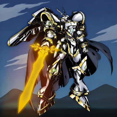 highres, best quality, masterpiece, very aesthetic, newest, <lora:AlphamonPony:1>,solo,alphamon,cape,pauldrons,armor,holding energy sword,full body,1boy,anime,intricate linework,vivid colors,outdoors