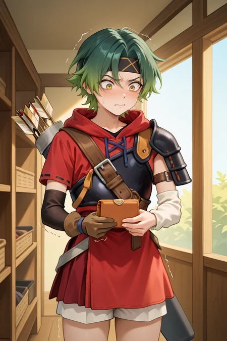 <lora:MizerIL:0.5>, MzeDef, MzeAlt, 1boy, short hair, green hair, gradient hair, yellow eyes, headband, black headband, shoulder pads, black shoulder pads, red hood, hood down, red shirt, shoulder belt, buckle, muneate, brown muneate, arm warmers, white arm warmers, asymmetrical clothes, arm strap, white shorts, shorts under skirt, microskirt, red skirt, gloves, single glove, quiver, cowboy shot, trembling, upset, holding up wallet, looking at wallet, grumbling, upset, interior, shoe store, shoe shop, day, masterpiece, very aesthetic, absurdres, best quality, amazing quality, high resolution, newest, very awa, <lora:illustrious_quality_modifiers_masterpieces_v1:0.8> , <lora:ChamIllustriousBackgroundEnhancer:0.5>,  (solo),