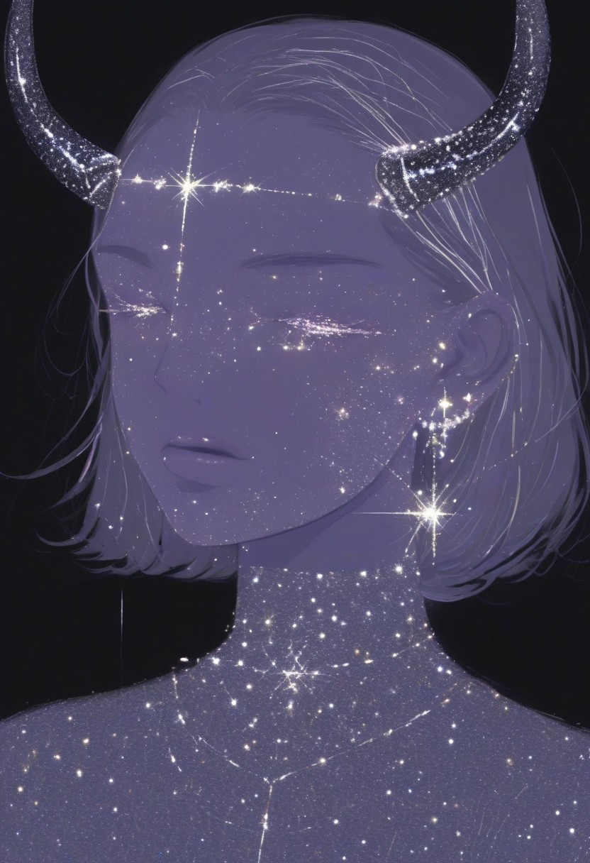aaar7gl, 1girl, solo, horns, eye-rolling, (sparkle), jewelry, black background, earrings, short hair, simple background, painting, drawing, parted lips,