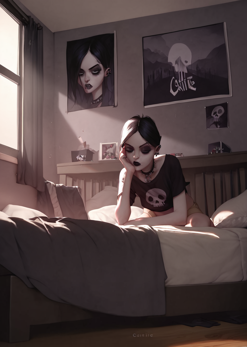 score_9, score_8_up, score_7_up, score_6_up,   <lora:Carrie_Rosenburg:0.8>, Carrie, 1girl, solo, bedroom, goth, detailed background,