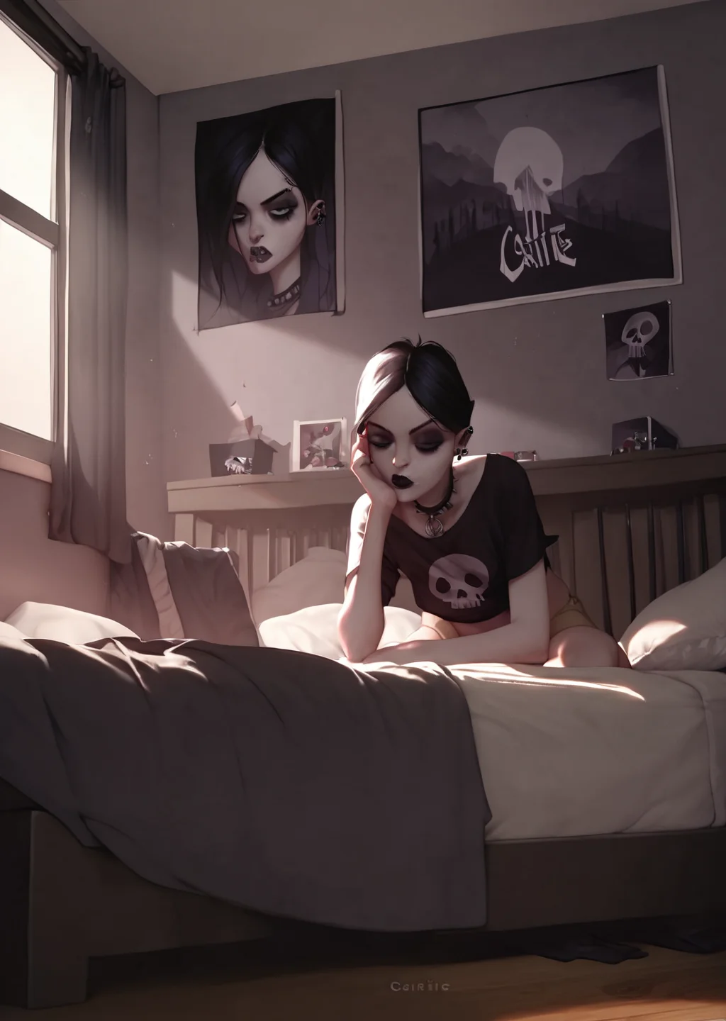 score_9, score_8_up, score_7_up, score_6_up, <lora:Carrie_Rosenburg:0.8>, Carrie, 1girl, solo, bedroom, goth, detailed background,