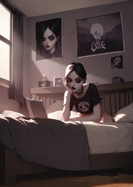 score_9, score_8_up, score_7_up, score_6_up, <lora:Carrie_Rosenburg:0.8>, Carrie, 1girl, solo, bedroom, goth, detailed background,