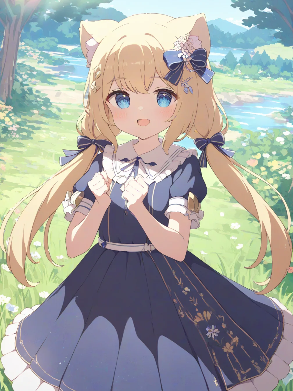 1girl,solo,cat ears,animal ear fluff,hair ornament,hair bow,long hair,blonde hair,low ponytail,twintails,blue eyes,open mouth,blue bow,dress,blue dress,braid,short sleeves,white frills,
looking at viewer,open mouth,light smile,hands up,clenched hands,raised forearms,
outdoors,landscape,flower,grass,water,tree,chromatic aberration,
front view,
<lora:tyomimas_1-000034:1>,