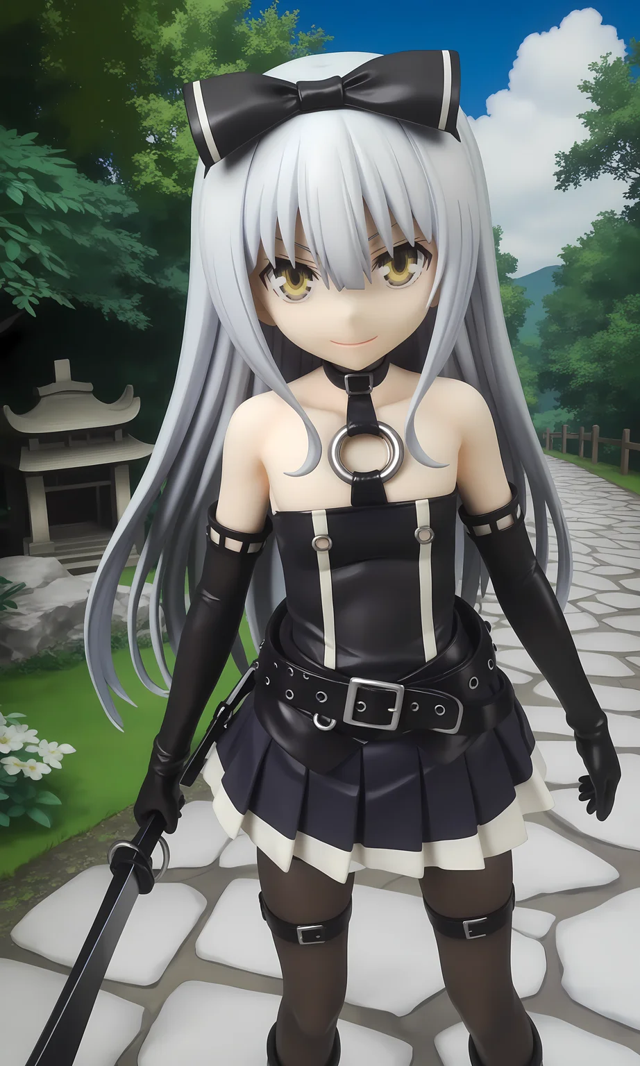 score_9, score_8_up, score_7_up, source_anime, highly detailed figure,looking at viewer, shiny skin, upper body, light smile, petite,ohwx, grey_hair, long_hair, yellow_eyes, collarbone, very_long_hair, grey_eyes, hair_between_eyes, white_hair, short_hair, flat_chest, breasts,bare_shoulders, choker, bow, hair_bow, collar, ribbon, dress, skirt, black_bow, belt, black_dress, hair_ribbon, pantyhose, cosplay, gloves, elbow_gloves, black_pantyhose, hairband, thighhighs, shoes, necktie, pleated_skirt, o-ring, gothic_lolita, Pathway leading to a Japanese shrine in winter, snow-covered ground, quiet and tranquil mood,<lora:sora_pony_sobsynapse-000003:0.9>