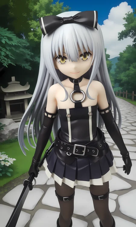 score_9, score_8_up, score_7_up, source_anime, highly detailed figure,looking at viewer, shiny skin, upper body, light smile, petite,ohwx, grey_hair, long_hair, yellow_eyes, collarbone, very_long_hair, grey_eyes, hair_between_eyes, white_hair, short_hair, flat_chest, breasts,bare_shoulders, choker, bow, hair_bow, collar, ribbon, dress, skirt, black_bow, belt, black_dress, hair_ribbon, pantyhose, cosplay, gloves, elbow_gloves, black_pantyhose, hairband, thighhighs, shoes, necktie, pleated_skirt, o-ring, gothic_lolita, Pathway leading to a Japanese shrine in winter, snow-covered ground, quiet and tranquil mood,<lora:sora_pony_sobsynapse-000003:0.9>