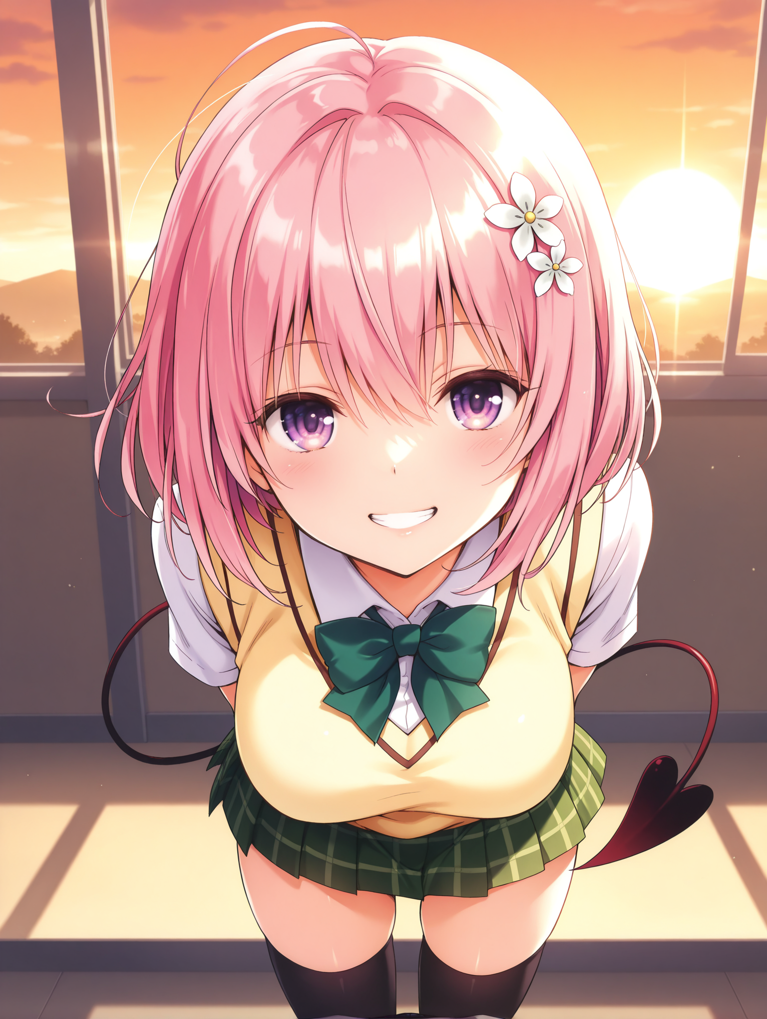 masterpiece,best quality,newest,
1girl,solo,
<lora:momo_ilxl_v2.4:1>,momo,pink hair,purple eyes,short hair,white flower hair ornament,demon tail,
m_clothes,green bowtie,sweater vest,short_sleeves,green plaid skirt,black_thighhighs,
<lora:Fixhands_anime_bdsqlsz_V1:1>,white background,looking at viewer,looking_at_viewer,:o,arms_behind_back,open_stance,sunset,pov,grin,straight-on,