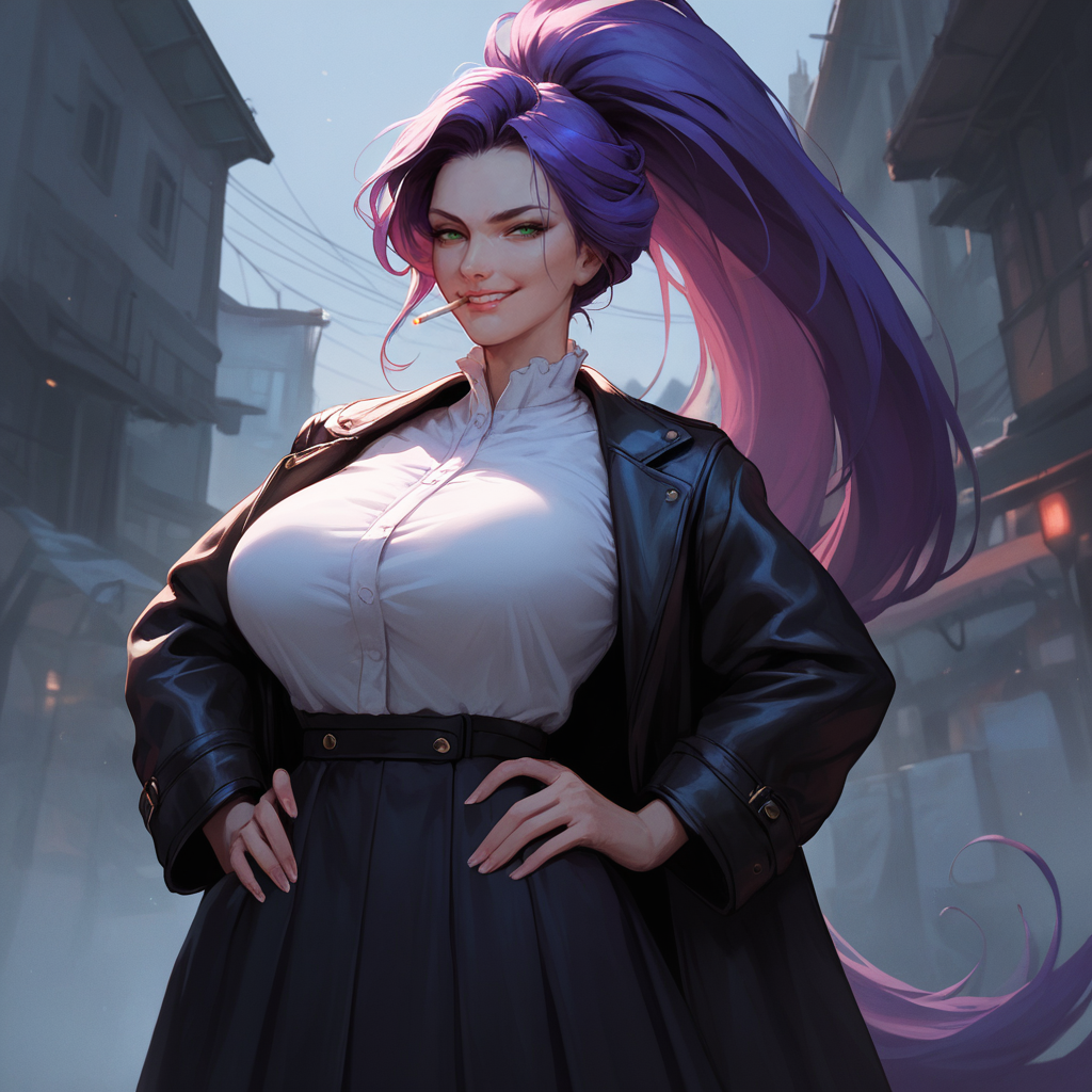 score_9, score_8_up, score_7_up, score_6_up,
1girl,  Kuratachiaki, purple hair, green eyes, large breasts, very long hair,, ponytail, mature,
large breasts, long dark skirt, leather dark jacket, white blouse,
smug, wry smile, cigarette in mouth, hands on hips,
outdoors, concept art, realistic,
<lora:Kurata_chiaki_XL:0.8>   <lora:c0l0urc0r3XLP2:0.6> c0l0urc0r3, bright colours,
