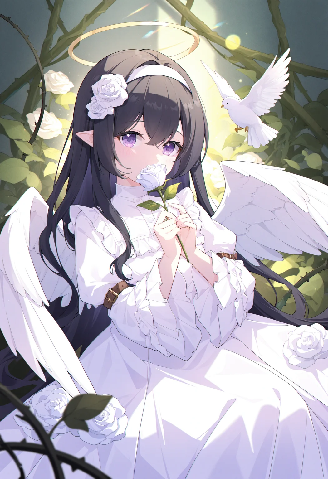 1girl, flower, wings, dress, rose, black hair, long hair, halo, pointy ears, solo, holding flower, white flower, white dress, white rose, thorns, holding, frilled sleeves, white wings, long sleeves, frills, wide sleeves, lying, looking at viewer, white hairband, chromatic aberration, arm belt, hairband, bird, angel wings, on back, angel, feathered wings, hair ornament, frilled dress, hair between eyes, hair flower, white bird, plant, vines, purple eyes,
masterpiece,best quality,newest,absurdres,highres,very awa,<lora:akovo1_noob1.1-000196:0.7>,