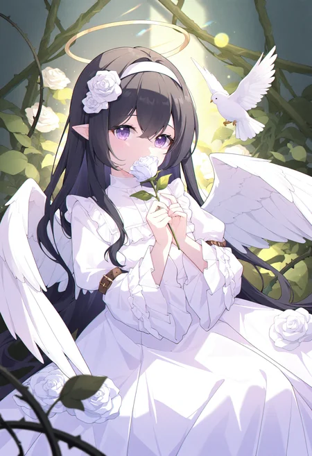 1girl, flower, wings, dress, rose, black hair, long hair, halo, pointy ears, solo, holding flower, white flower, white dress, white rose, thorns, holding, frilled sleeves, white wings, long sleeves, frills, wide sleeves, lying, looking at viewer, white hairband, chromatic aberration, arm belt, hairband, bird, angel wings, on back, angel, feathered wings, hair ornament, frilled dress, hair between eyes, hair flower, white bird, plant, vines, purple eyes,
masterpiece,best quality,newest,absurdres,highres,very awa,<lora:akovo1_noob1.1-000196:0.7>,