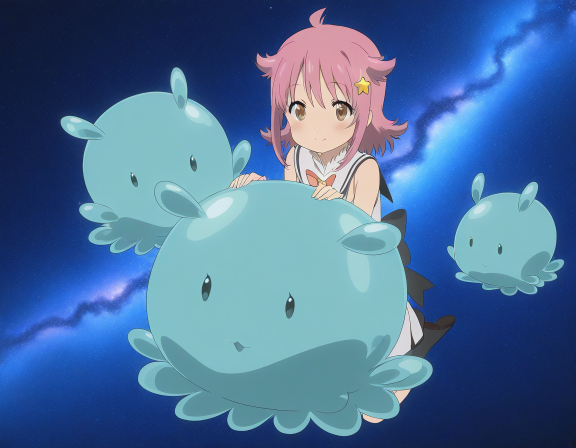 general,highres, ultra-detailed,very aesthetic,best quality ,best hands,  BREAK <lora:Subaru_Houkago_no_Pleiades_IS:0.9>subaru(Pleiades), 1girl, solo, pink hair, short hair, brown eyes, star hair ornament, anime coloring, smile, 
BREAK, 
 <lora:kaicyou_Houkago_no_Pleiades_IS:0.9>kaicyou(Pleiades), sphere, slime (creature), full body, black eyes, creature, blue theme, anime coloring, no humans, sphere, 
galaxy,