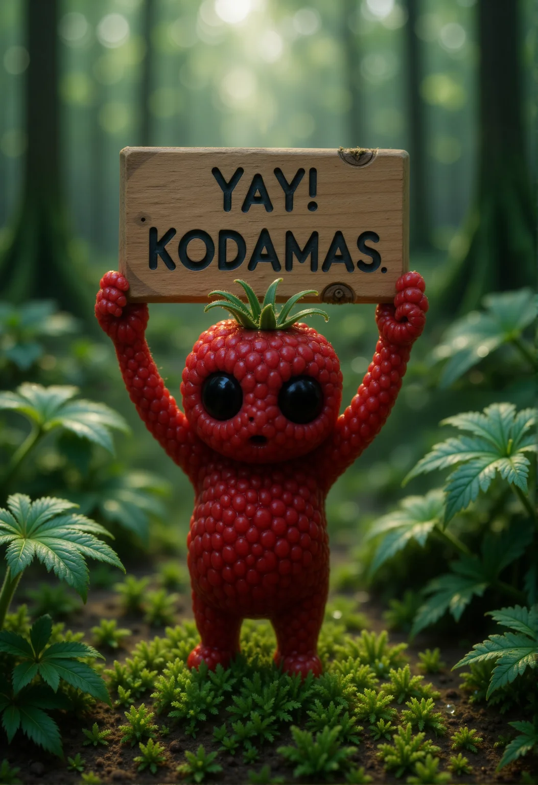 A small Kodama forest spirit stands on vibrant green moss, its body covered in the textured surface of a ripe raspberryâdeep red with clustered drupelets and tiny dewdrops sparkling on its velvety skin. Its head shares the same raspberry texture, with large, dark eyes full of gentle curiosity. The Kodama holds a large, rustic wooden sign above its head with both hands; the sign is oversized compared to its small stature and carved with the words: "YAY! KODAMAS!" Towering giant green leaves surround the Kodama, emphasizing its tiny size. The blurred forest floor in the background is bathed in soft morning light filtering through the trees. <lora:Kodama_V1:1>