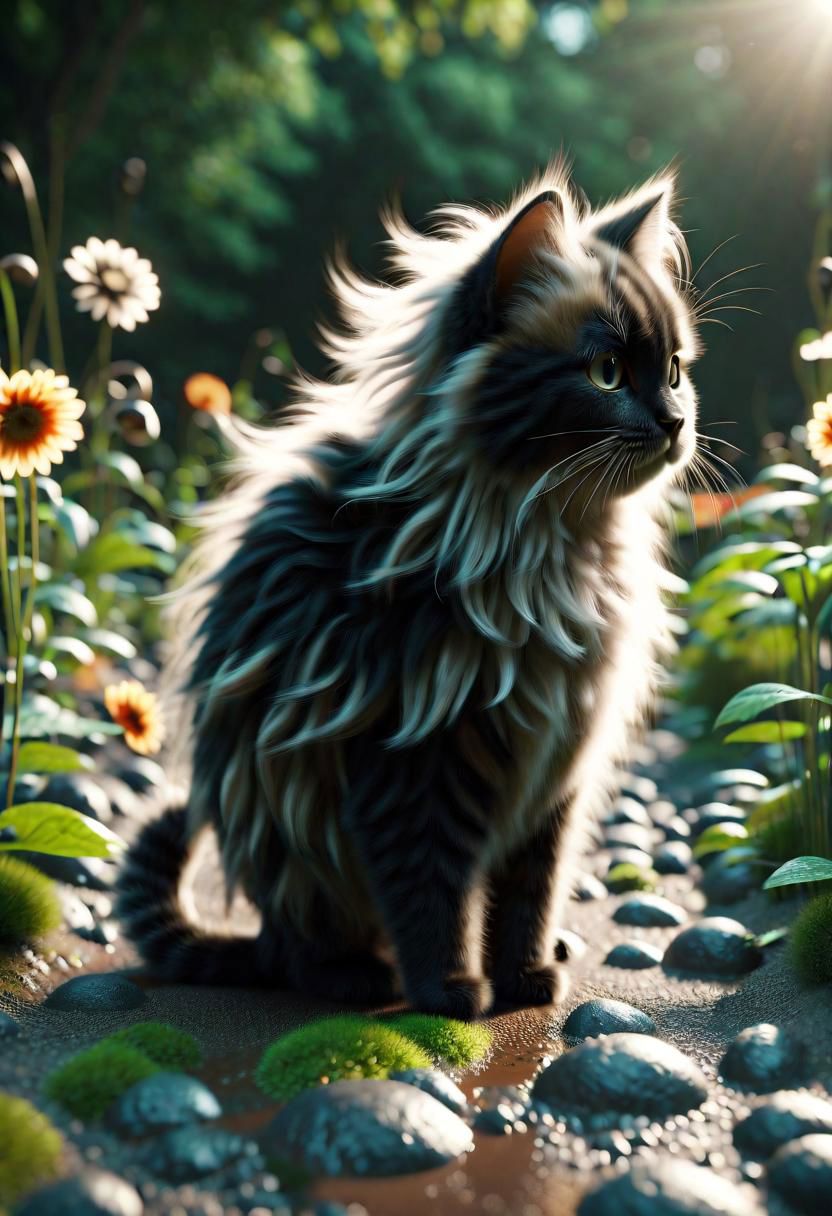 ral-fluff,<lora:ral-fluff:1>,
chibi,masterpiece,best quality,original,official art,black metallic cat,hat,flower,blurred background,rendering,beautiful detailed glow,(detailed ice),beautiful detailed water,sunny, blurred flower