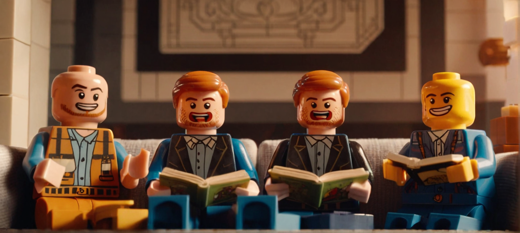 A film still

two man are sitting on the sofa, man of the left has ginger hair and ginger beard, man of the left of bald, two man are laughing, man are holding books, two man dressed in pajamas, photo in Lego style,




cinematic, movie still